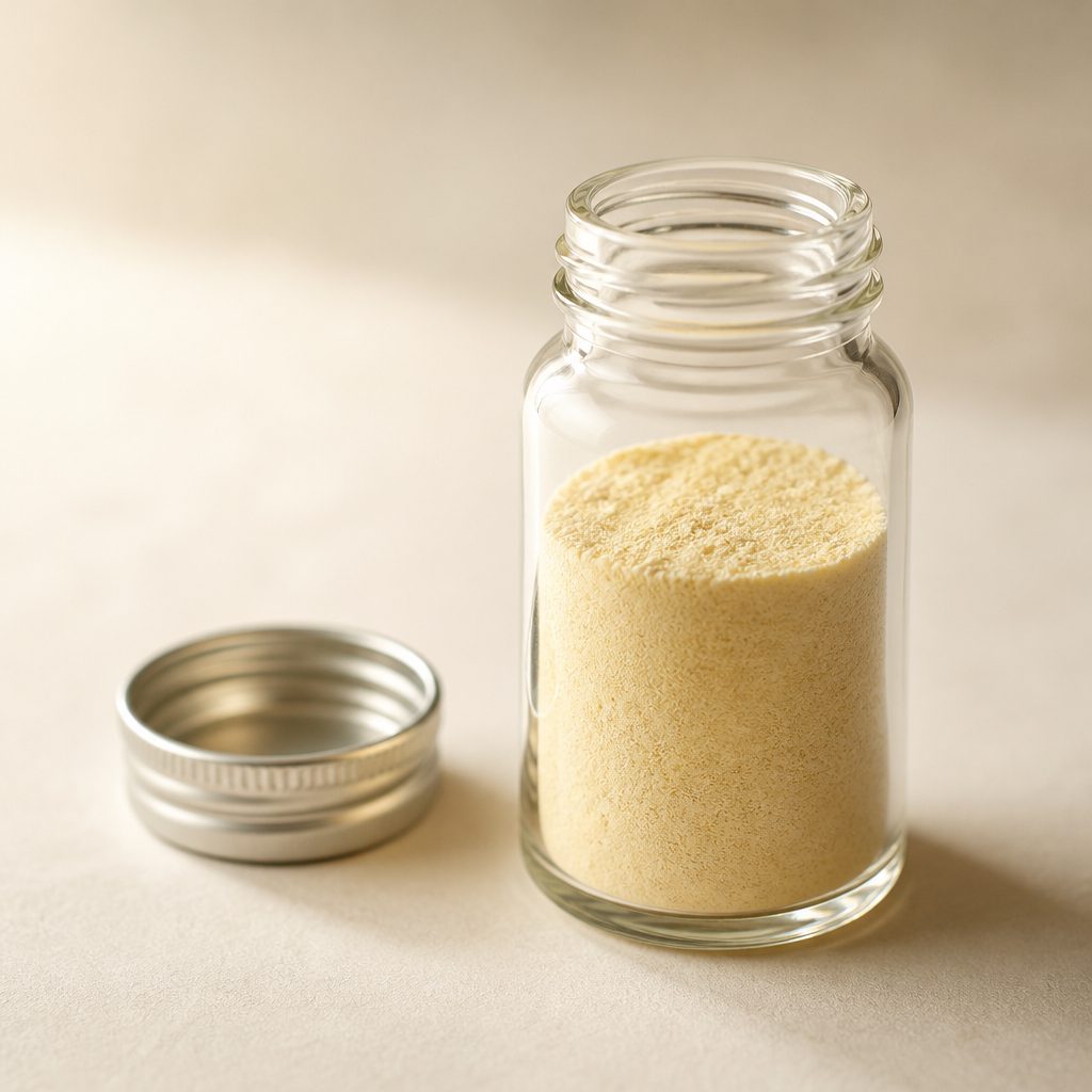 Phosphatidylserine powder in a glass bottle with its screw cap beside