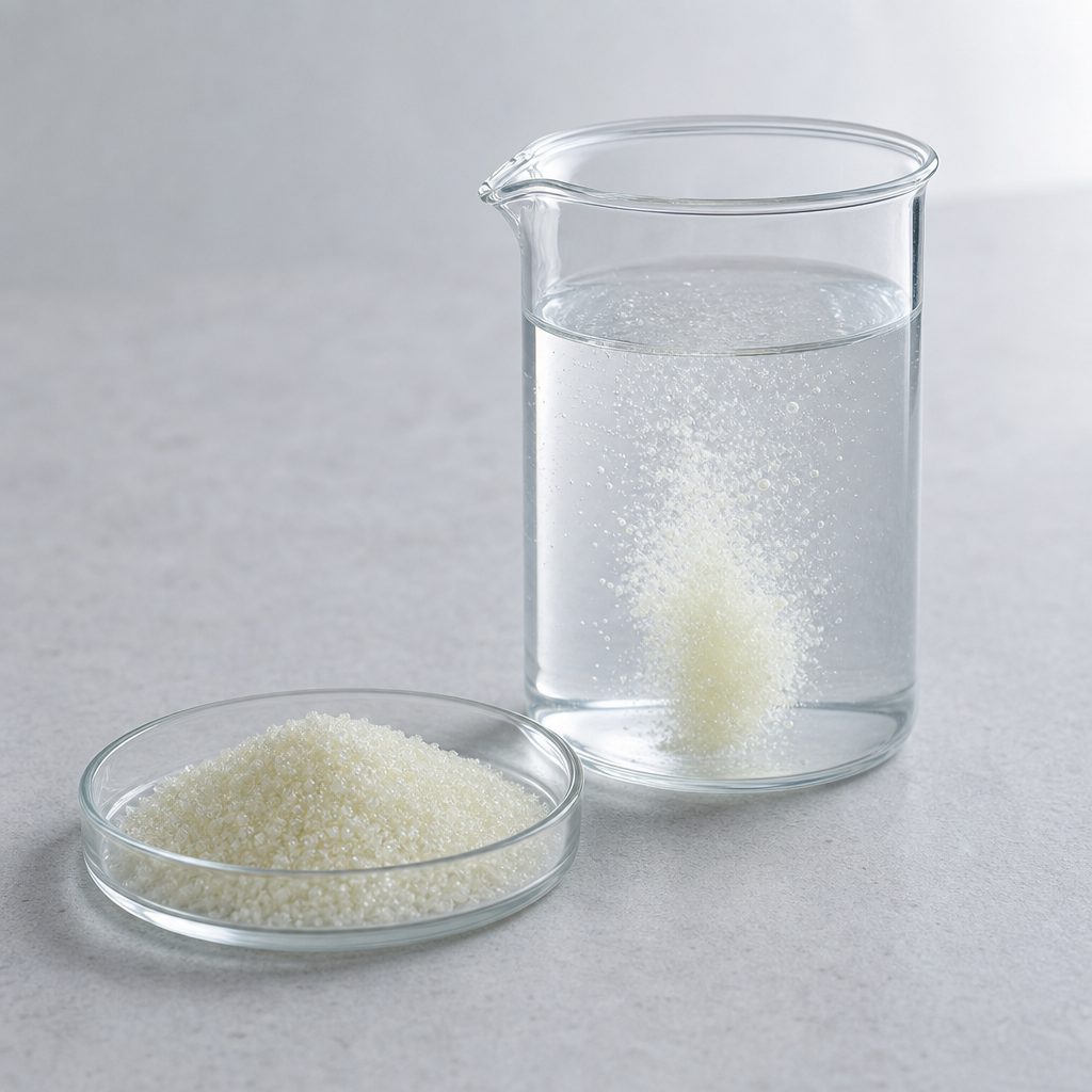 Piperine powder dissolving in a beaker of water beside a dish of the dry powder