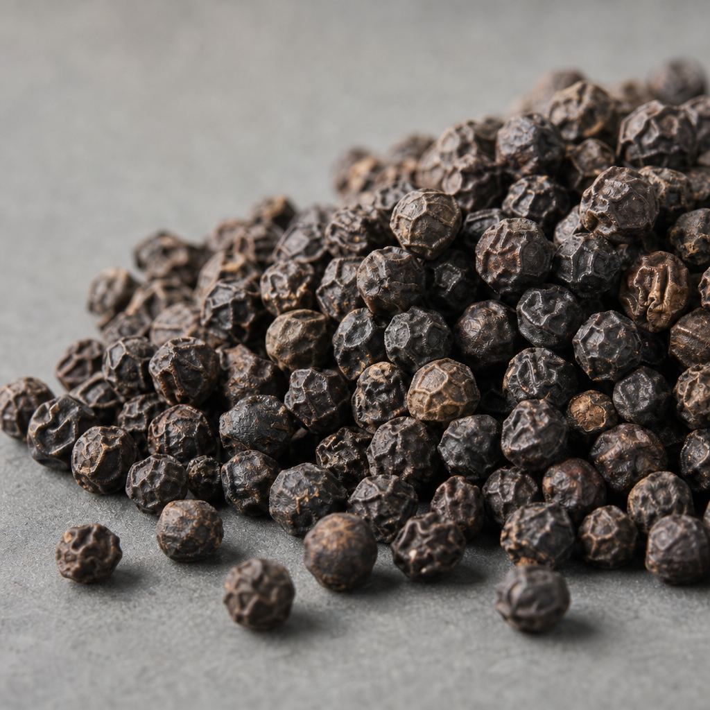 Whole dried black peppercorns raw material