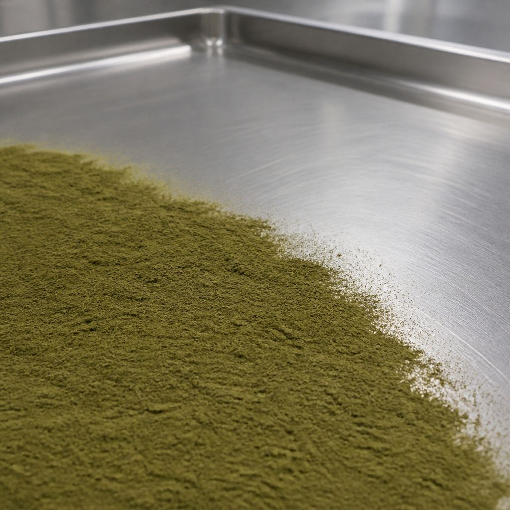 Purslane extract powder swept across a stainless steel tray