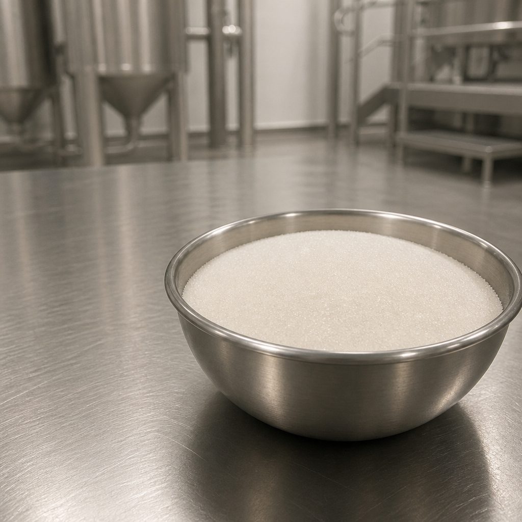 Protocatechualdehyde powder in a stainless steel bowl on a steel bench