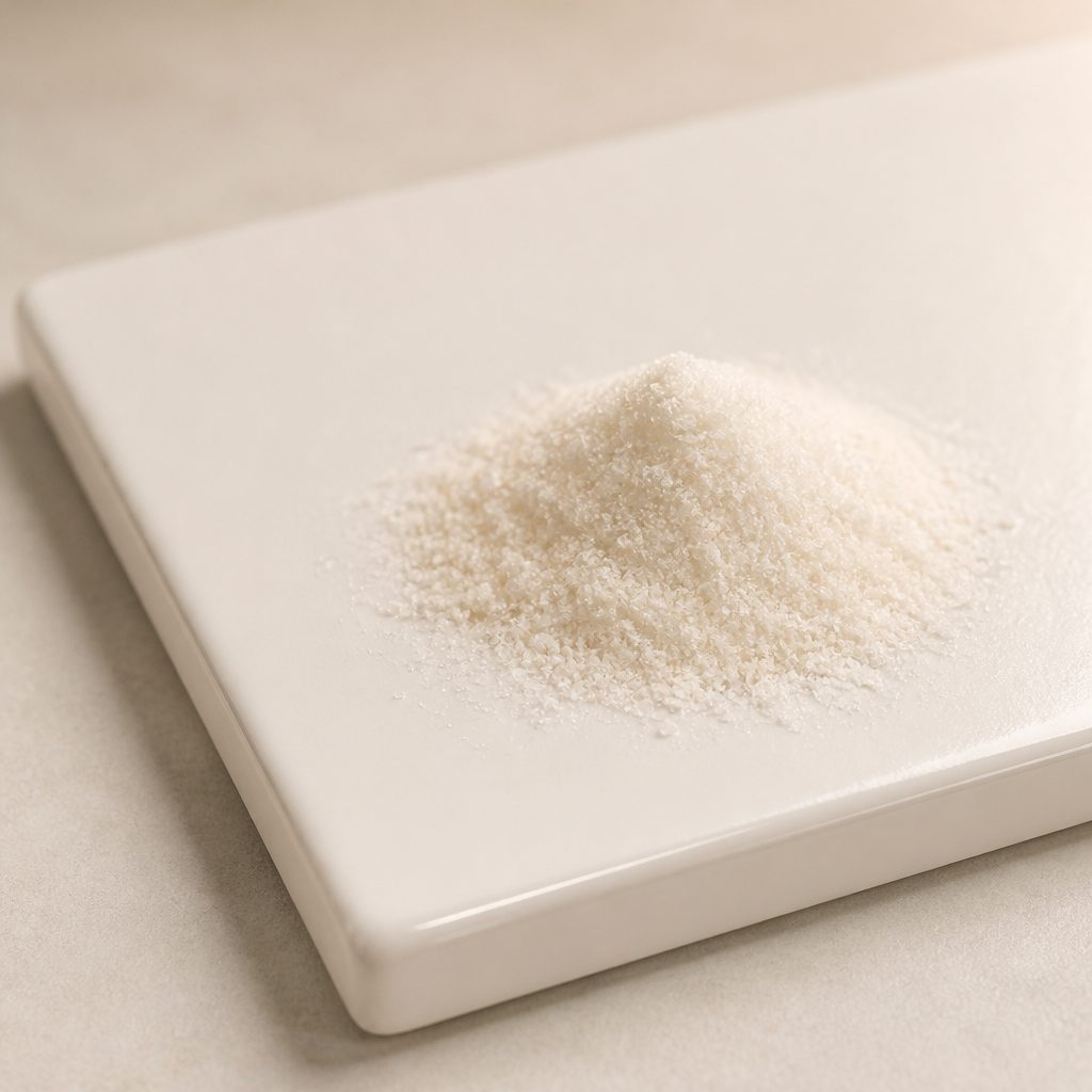 Protocatechualdehyde powder on a white ceramic tile