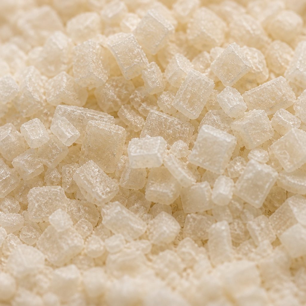 White to pale beige protocatechualdehyde crystals close-up