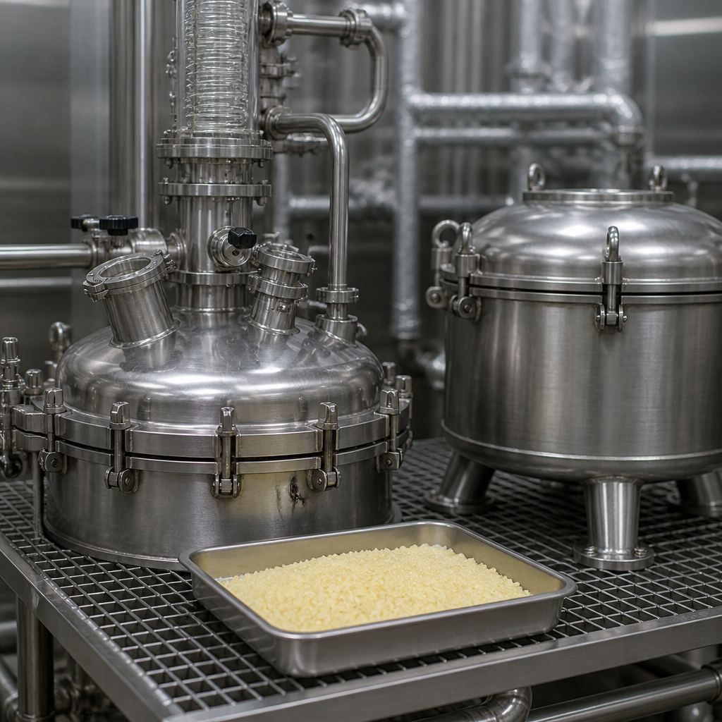 Powder tray beside a stainless synthesis reactor with a condenser and centrifuge