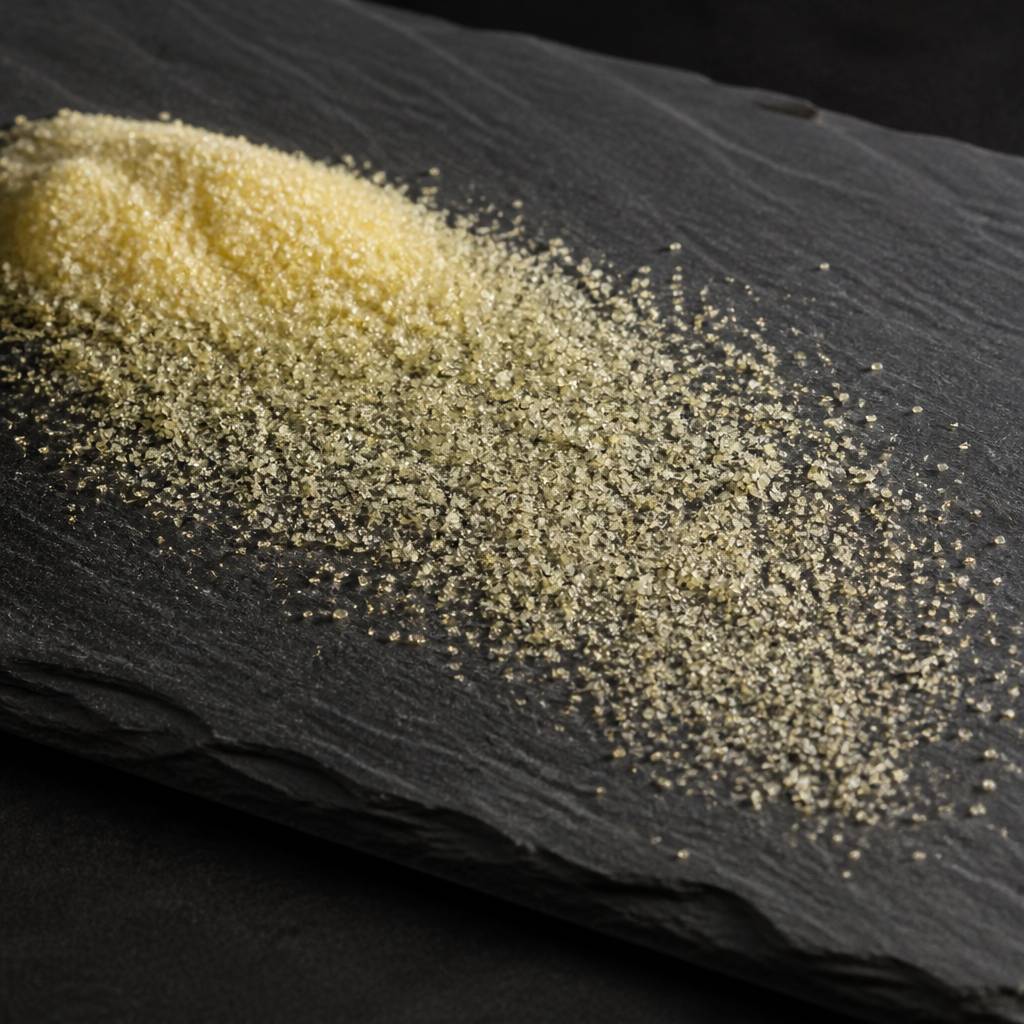 Pale yellow P5P crystals spread thin on a dark slate tile