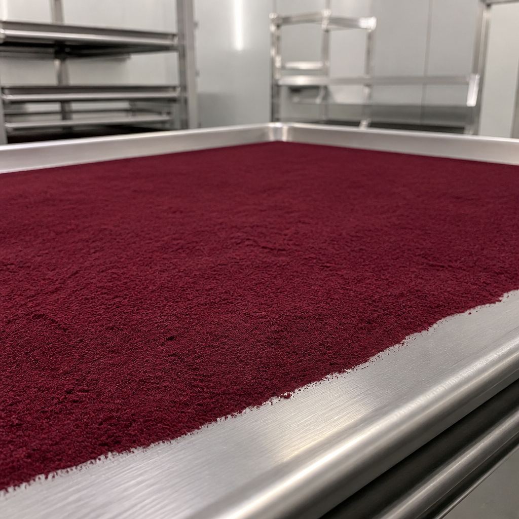 Beetroot powder bed on a stainless steel drying tray