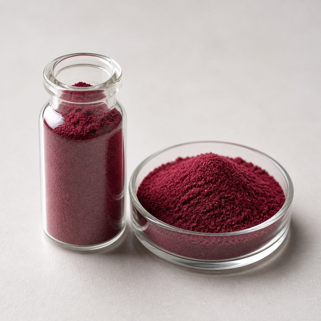 Beetroot powder in a glass vial beside a small glass dish