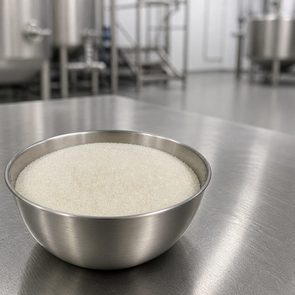 Rhaponticin powder in an unmarked stainless steel bowl on a steel bench