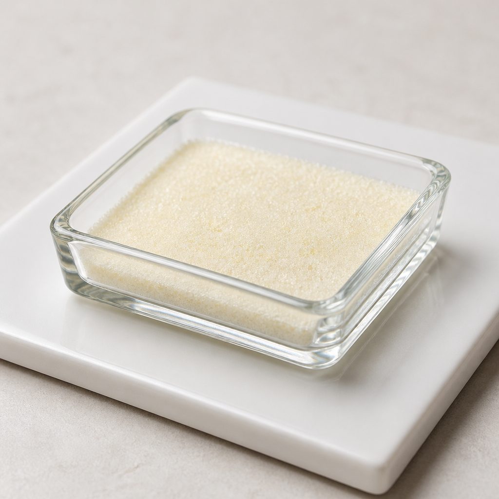 Rhaponticin powder in a square glass dish on a white tile