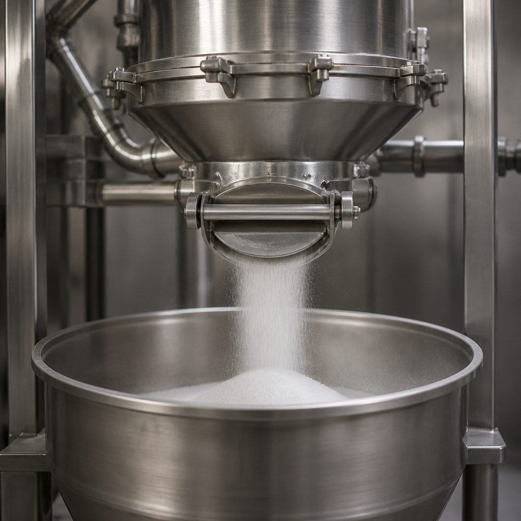 Powder discharging from a stainless vacuum conveyor receiver into a steel bin