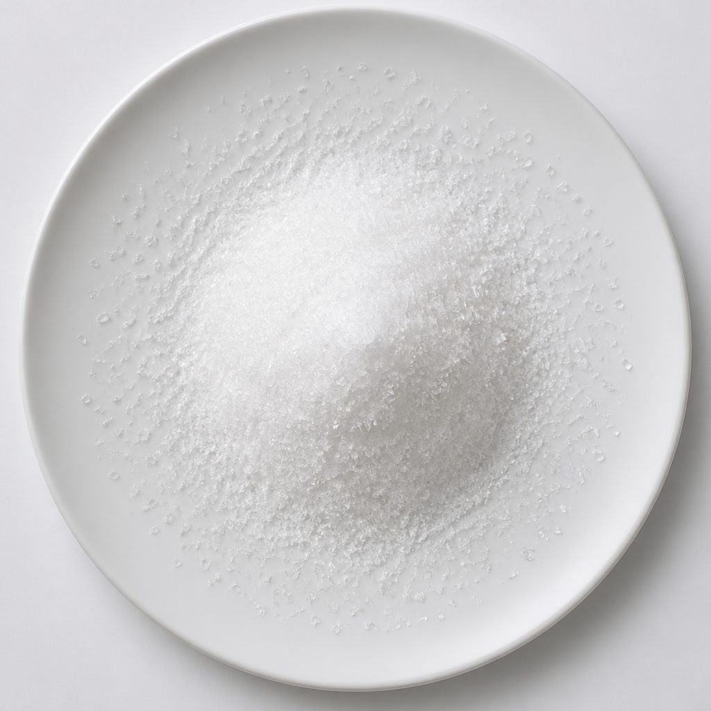 White crystals heaped on a plain white plate, flat top-down view