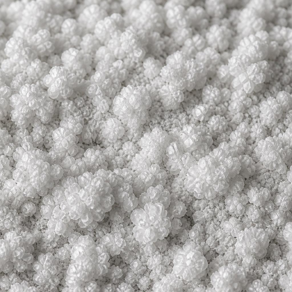 Fine white salidroside crystals in compact granular clusters, macro texture