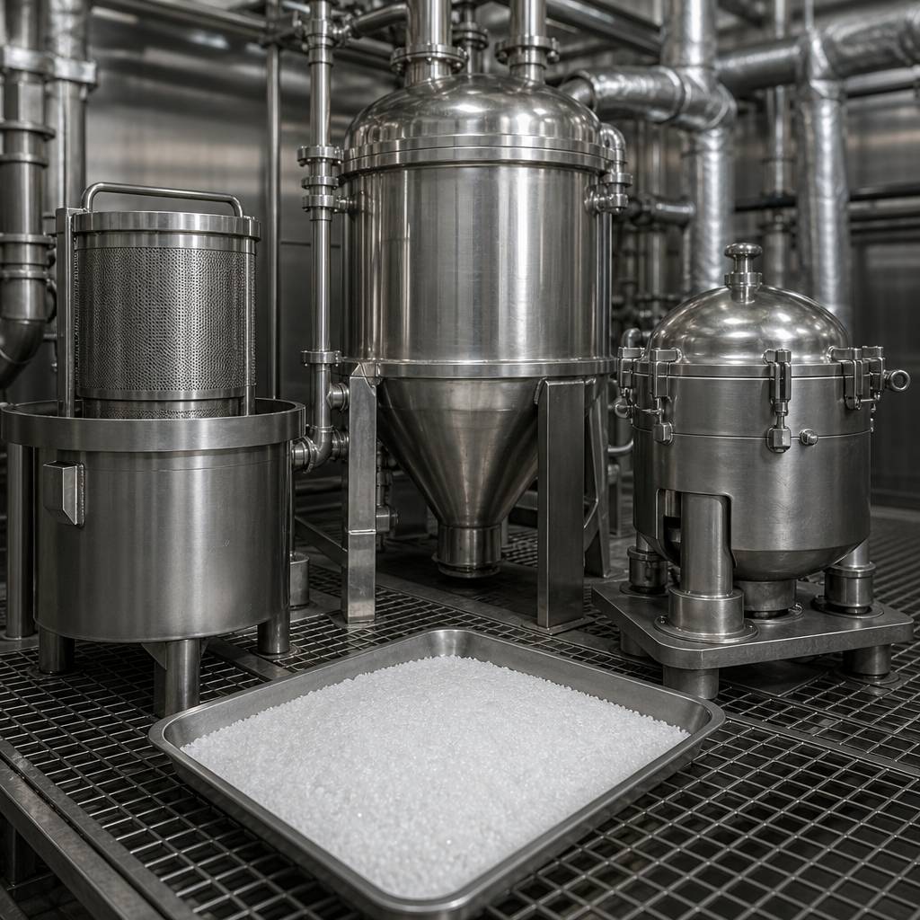 Powder tray beside stainless extraction, crystallisation and centrifuge equipment