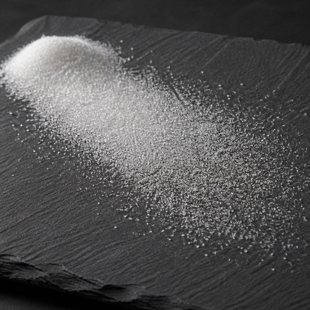 White sclareol crystals spread thin on a dark slate tile