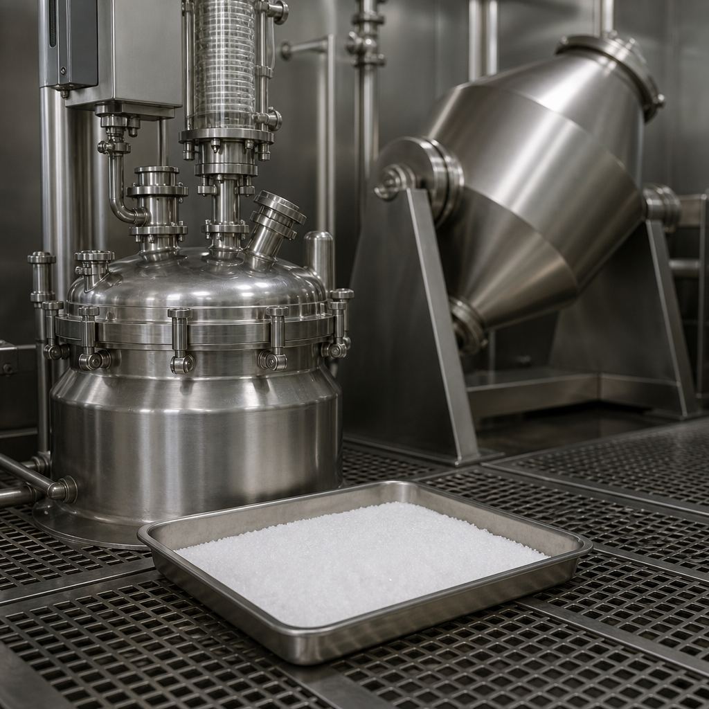 Powder tray between a stainless synthesis reactor and a double-cone vacuum dryer