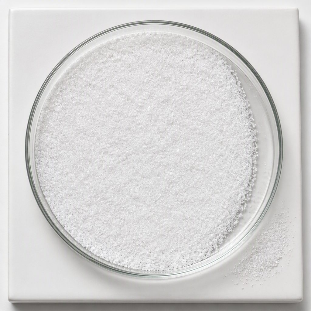White sclareolide crystals in a clear glass dish on a white tile