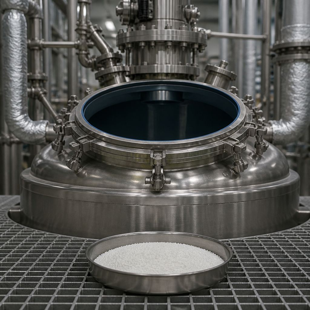 Glass-lined stainless reactor with its manway open above a powder tray