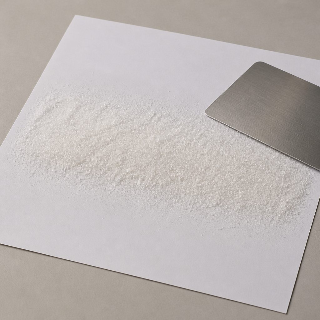 White L-selenomethionine crystals spread on plain white paper with a steel card