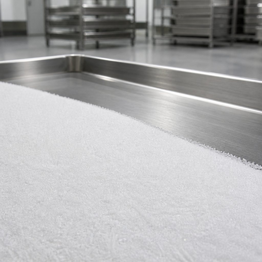 Sesamin powder spread in an even bed on a stainless steel drying tray