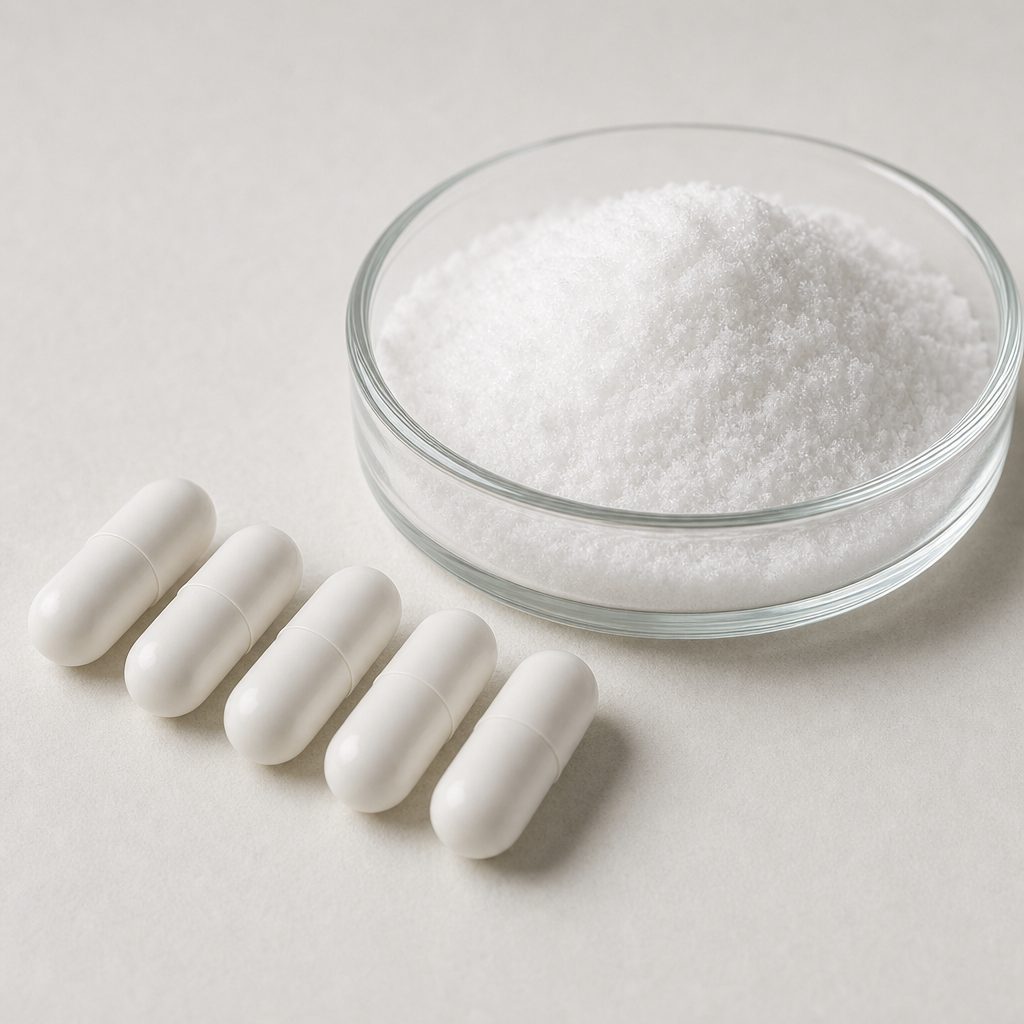 Sesamin powder beside unbranded two-piece hard capsules