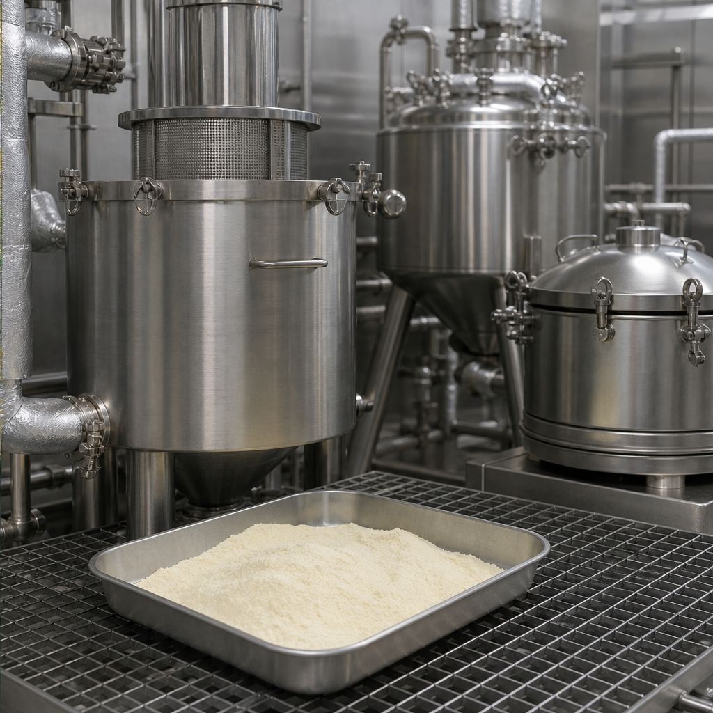 Powder tray beside stainless extraction and crystallisation vessels with a centrifuge