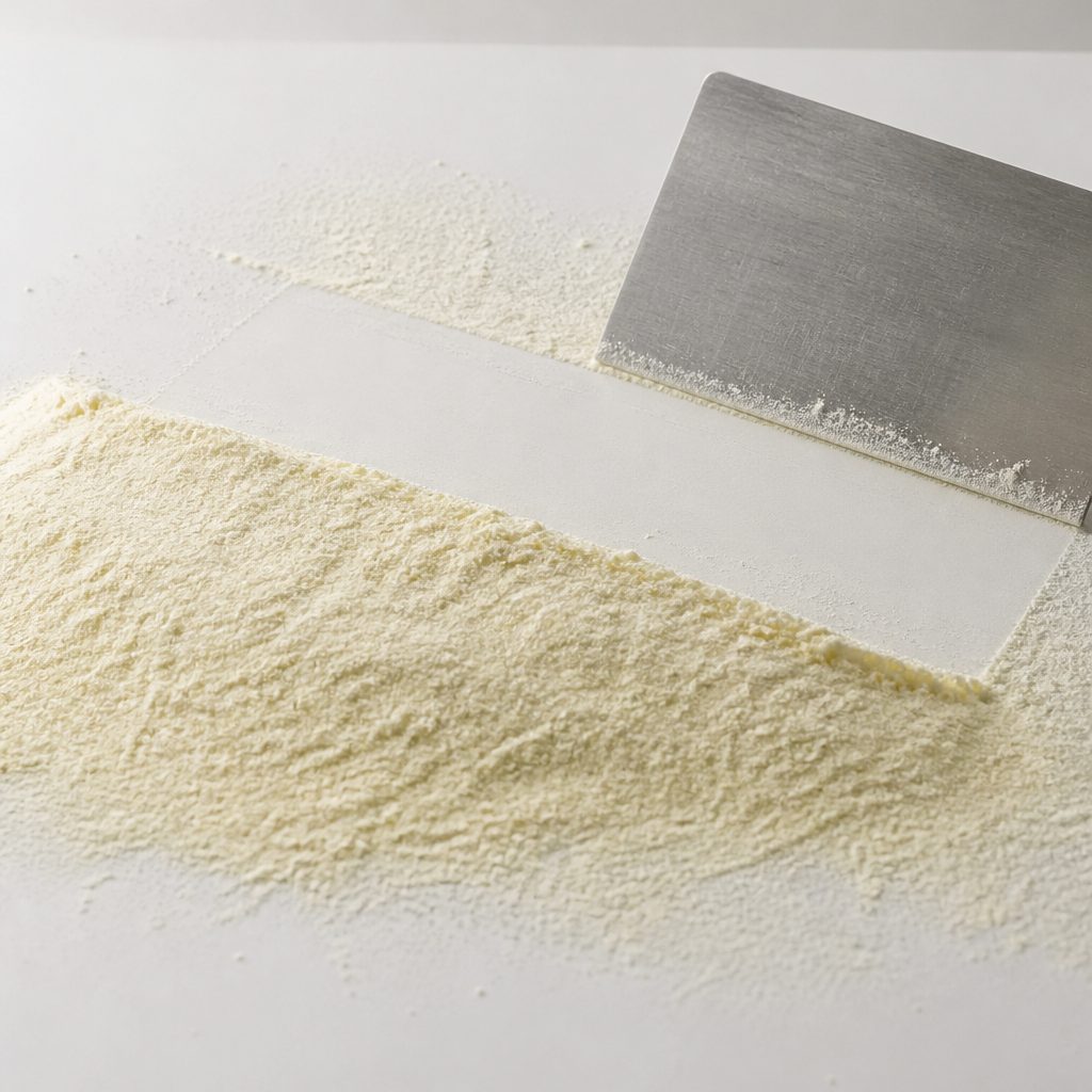 White pale-yellow sophoricoside powder swept as a bank on a white tile