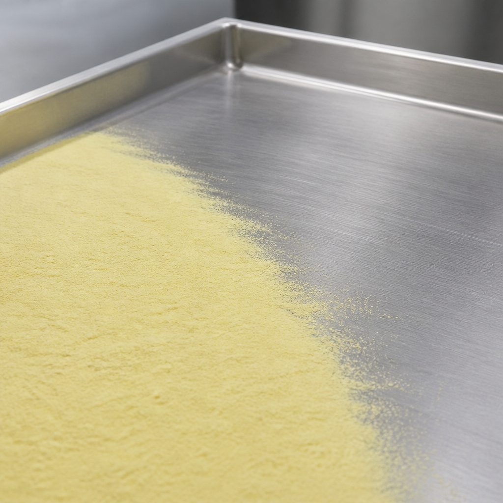 Soy lecithin powder swept across a stainless steel tray