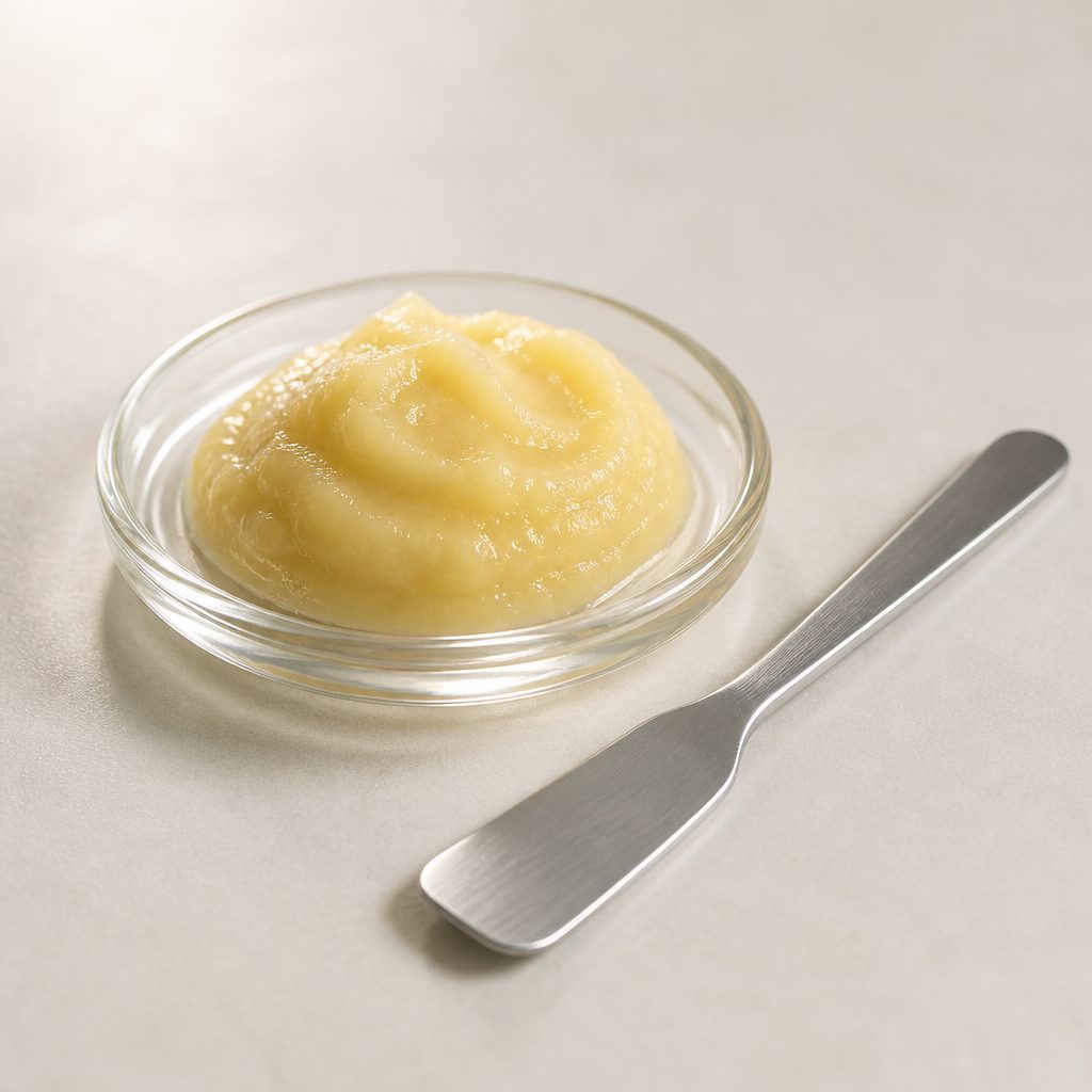 Soy lecithin powder forming a paste on a glass plate with a spatula