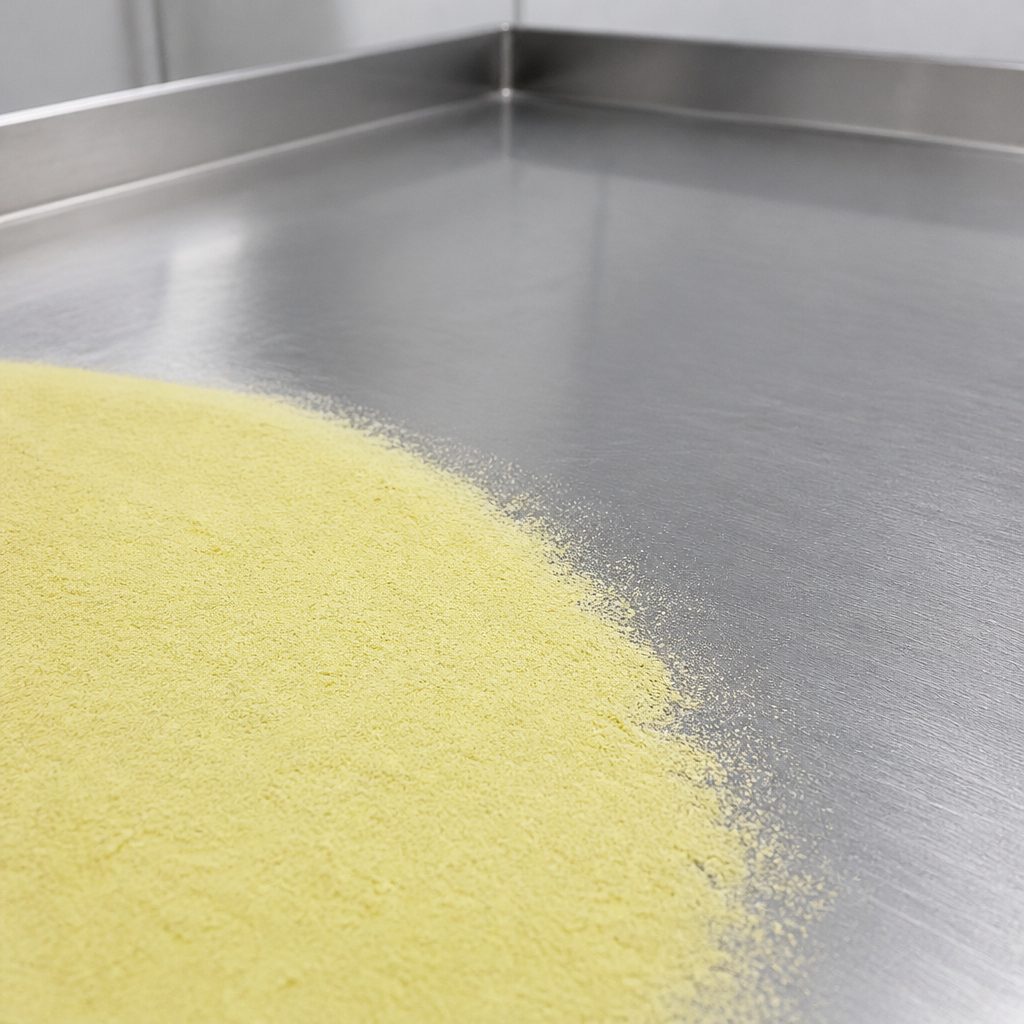 Sulforaphane powder swept across a stainless steel tray