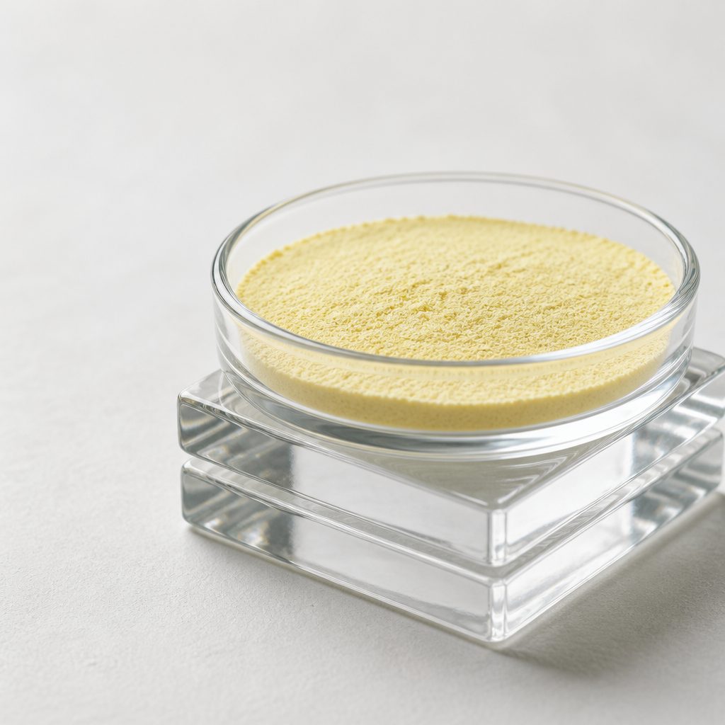 Sulforaphane powder in a glass dish stacked on two glass blocks