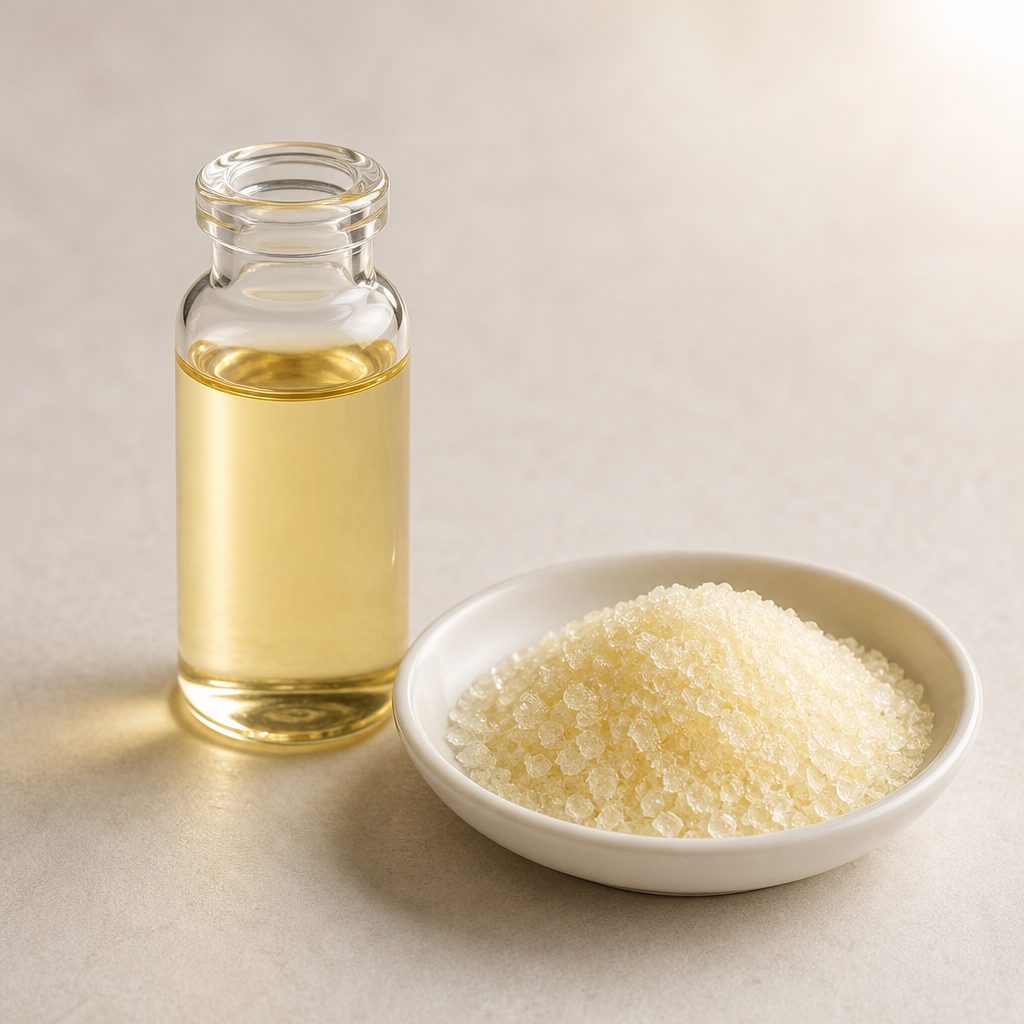 Ubiquinol powder beside a vial of pale golden oil