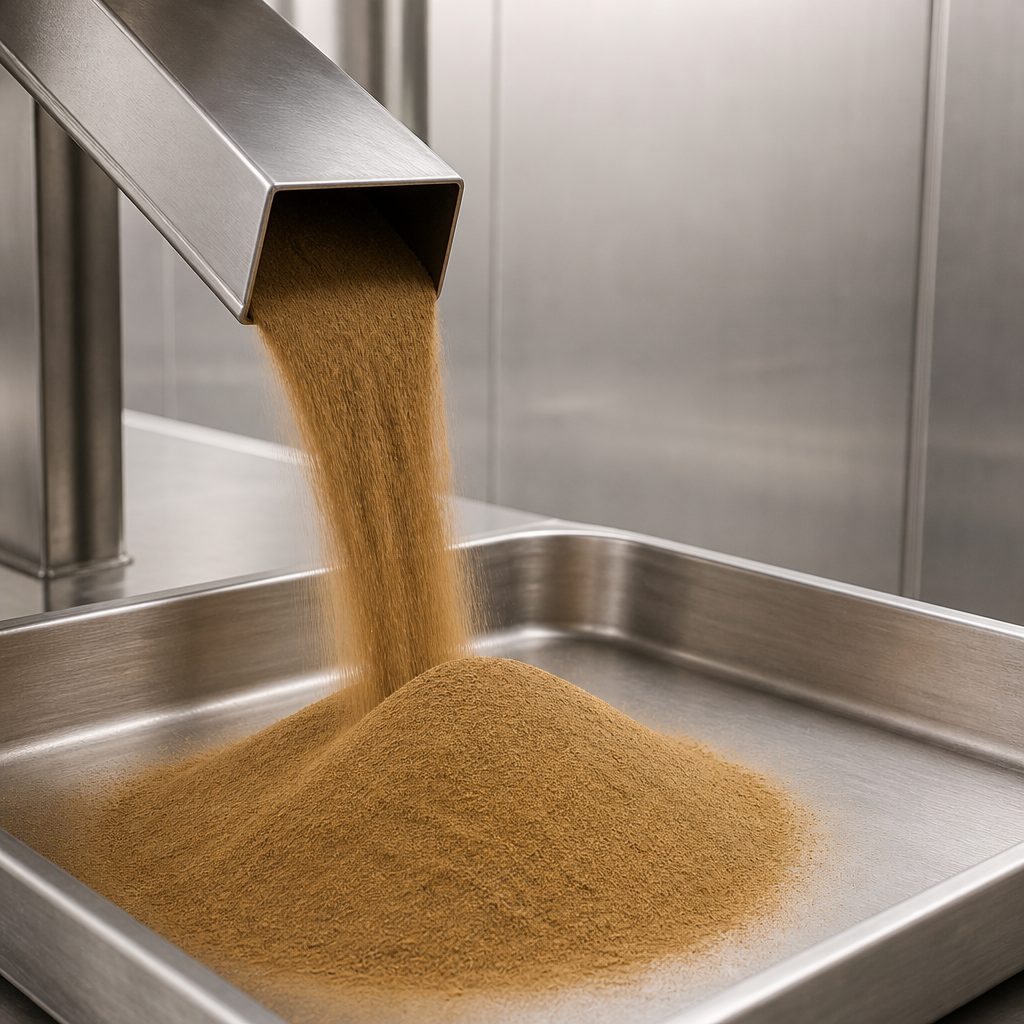 Yucca extract powder flowing from a stainless steel chute