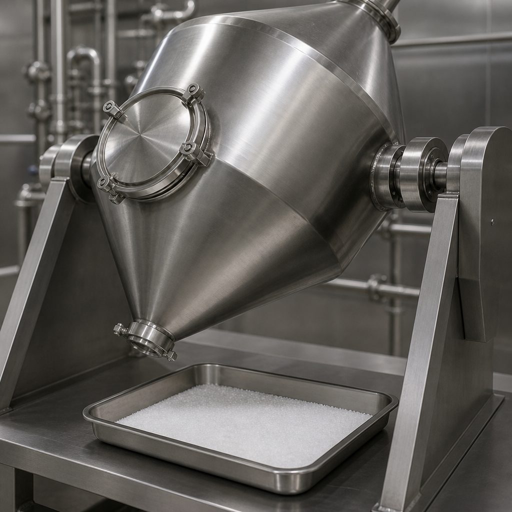 Tilted stainless double-cone rotary vacuum dryer above a powder tray