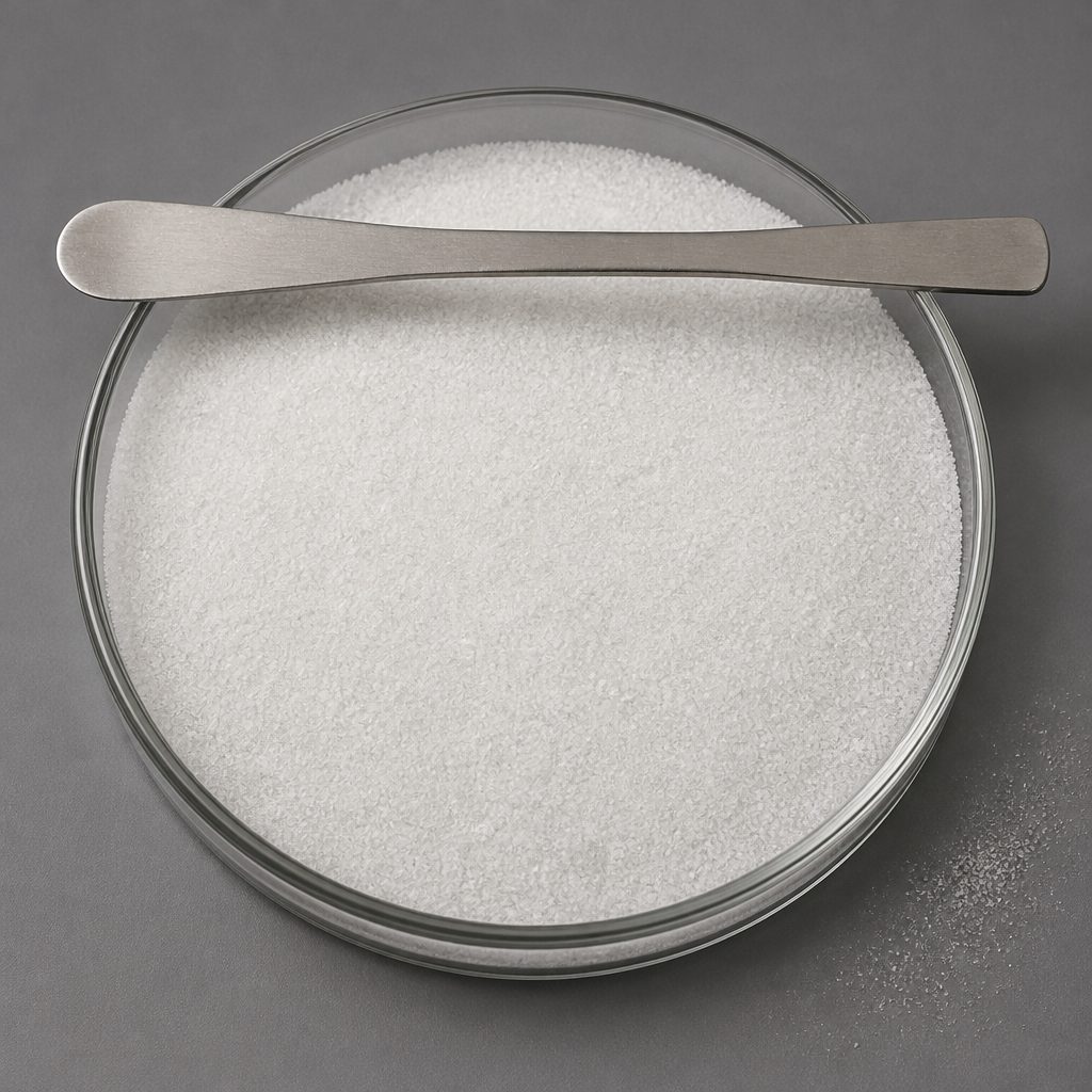 White zinc L-carnosine crystals in a glass dish with a spatula across the rim